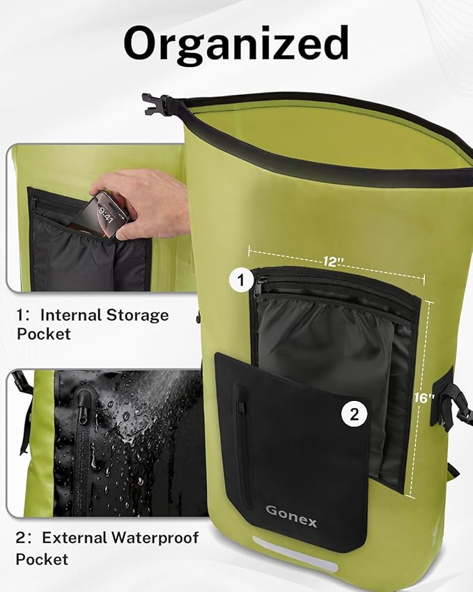 Gonex Ultralight Waterproof TPU Backpack, 55L Roll Top Dry Bag with Comfortable Padded Back Panel for Kayaking Boating Camping Fishing Travel,Green