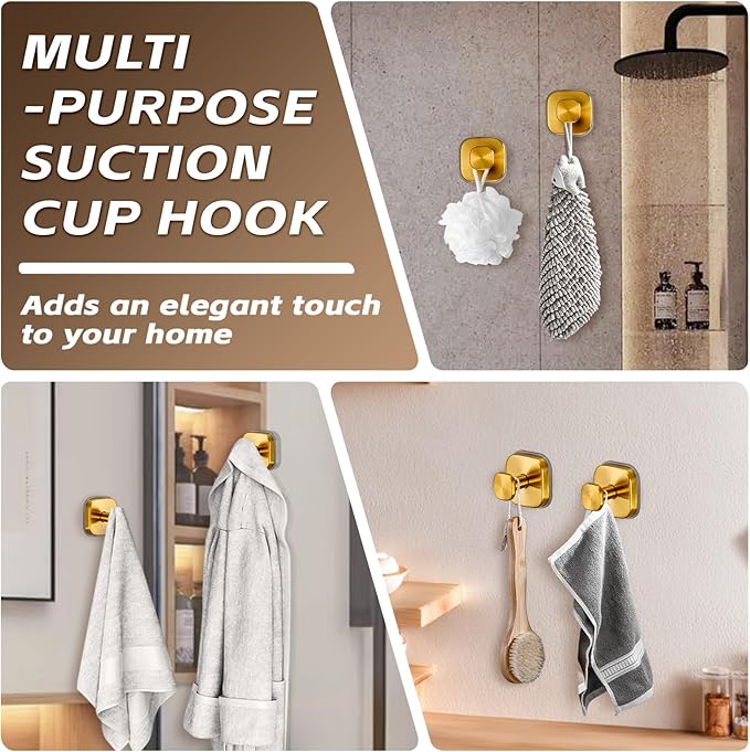 Suction Cup Hooks for Shower Heavy Duty No-Drill– Reusable Multi-Purpose Hooks Adheres to Glass, Mirrors, Tiles & Smooth Surfaces for Towels, Robes, Loofah& Body Sponge (4, Brushed Gold)