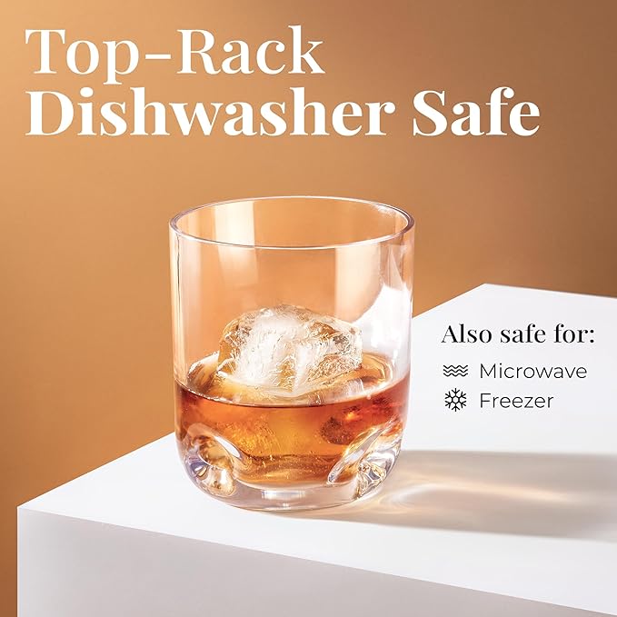 Vivocci Unbreakable Tritan Plastic 12.5 oz Whiskey & Double Old Fashioned Bar Glasses - Thumb Indent Heavy Base - Ideal for Bourbon & Scotch - Upscale Men's Gift - Dishwasher Safe Barware - Set of 6