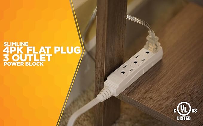 Woods SlimLine Angled Flat Plug Extension Cord; Space Saving Flat Design; 3 Grounded Outlets; 13-Foot; 13 Amps; 1625 Watts; 125 Volts; UL Listed; 2232