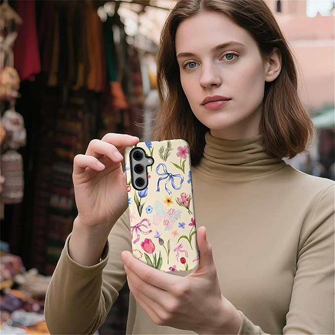 for Samsung Galaxy S23 Case,HL2 Aesthetic Flower Preppy Collage Hybrid 2 Layer Hard Shell Silicone Protective Pattern Design Case