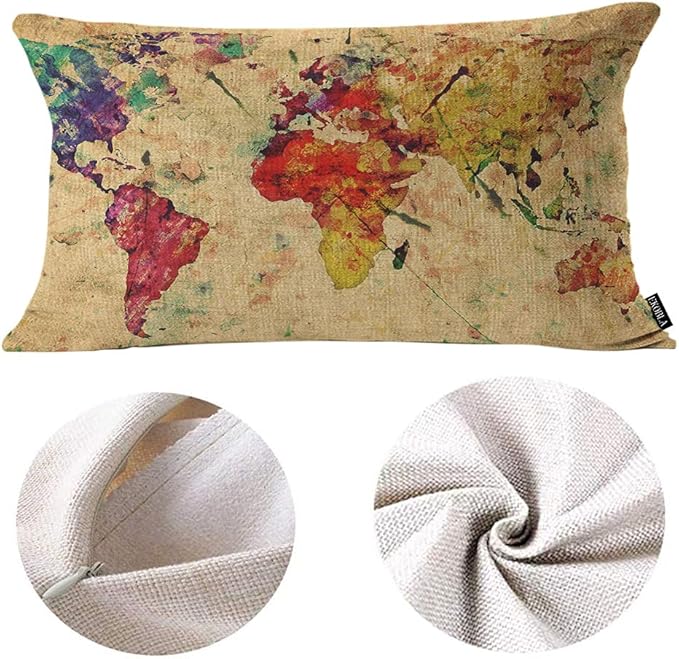 EKOBLA Watercolor World Map Lumbar Pillow Cases Vintage Global Stain Graphic Decorative Throw Pillow Cover Rectangle Cushion Covers Cotton Linen 12x20 Inch for Men Women
