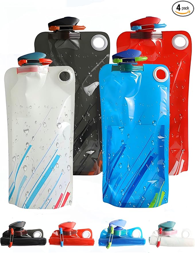 4 Pack Collapsible Water Bottle with Carabiner, 33oz Foldable Reusable BPA-Free Water Bottles with Leakproof Lid for Traveling Hiking Camping Biking