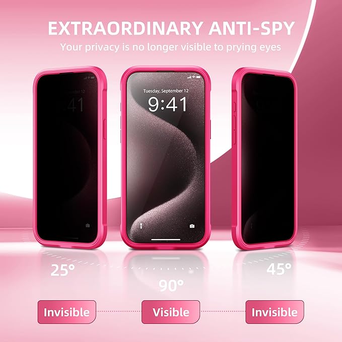 TIESZEN for iPhone 15 Pro Case, Compatible with MagSafe, Built-in Privacy Screen Protector and Camera Protection, Anti Spy Full Body Dustproof Shockproof Hard Phone Case 6.1", Hot Pink