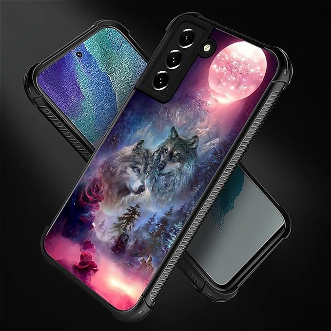 for Samsung Galaxy S21 FE Case, Star Two Wolfs Howling Pattern Graphic Design Girl Boy Soft Silicone Hard Acrylic Shock Protection for Samsung Galaxy S21 FE