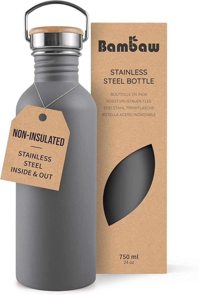 Bambaw Stainless Steel Water Bottle, 750 ml, Grey Sports Bottle, Non-Insulated Metal Water Bottle, Reusable, 750 ml, BPA-Free Flask, Leakproof – Stormy Gray