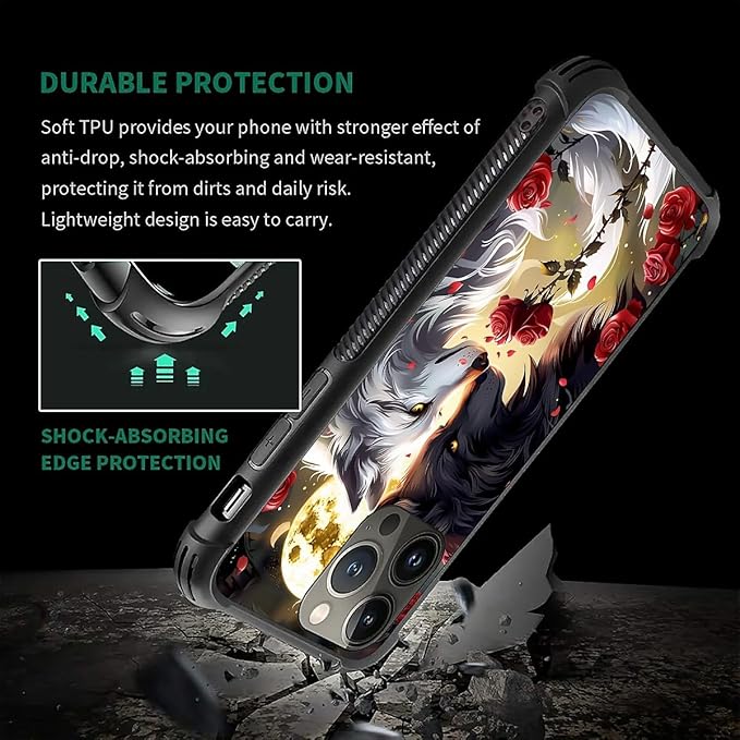for iPhone 13 Pro Case, Black White Wolf Moon Flower Rose Pattern Graphic Design Girl Boy Soft Silicone Hard Acrylic Shock Protection for iPhone 13 Pro