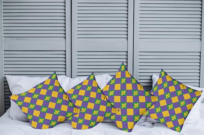 Ambesonne New Orleans Throw Pillow Cushion Case Pack of 4, Mardi Gras Themed Rhombuses with Fleur De Lis Motifs Classic Geometry, Modern Accent Double-Sided Digital Printing, 18", Violet Yellow
