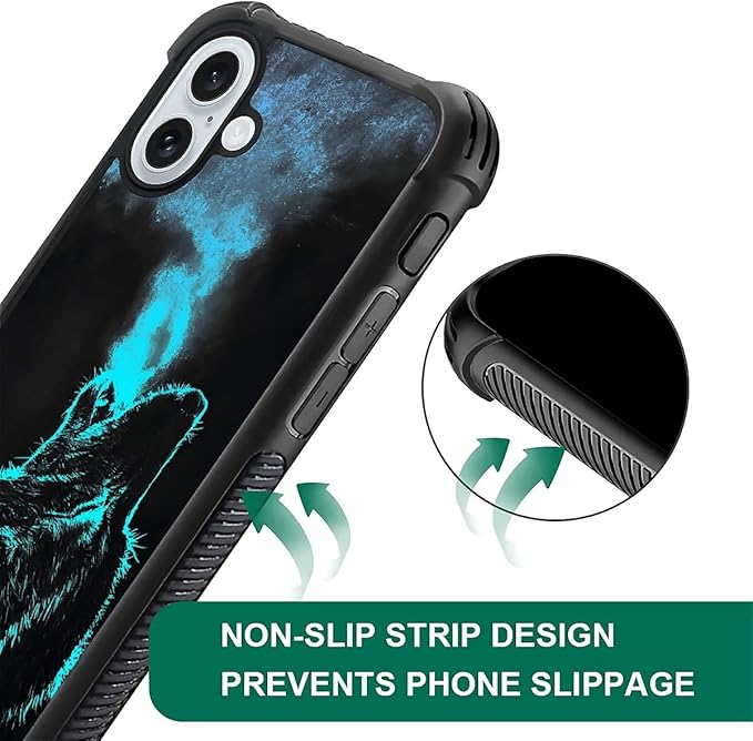 for iPhone 16 Plus Case, Blue Breathing Wolf Pattern Graphic Design Girl Boy Soft Silicone Hard Acrylic Shock Protection for iPhone 16 Plus