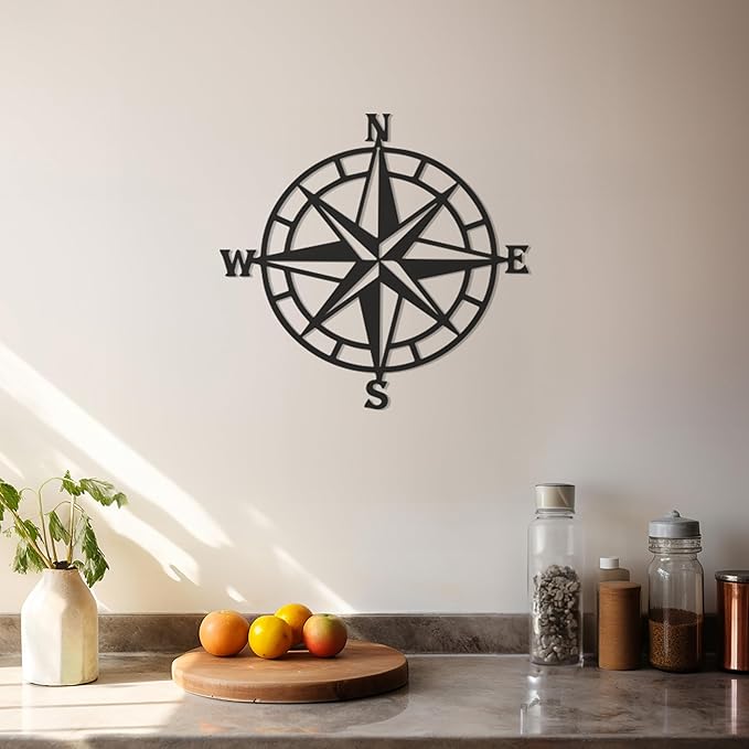 Violaura Compass Rose Metal Wall Art - Easy to Install Hanging Nautical, Directional, Adventure, Navigation, Compass Point, Explorers, Maritime, Wanderlust, Living Room Decor (12" x 12")