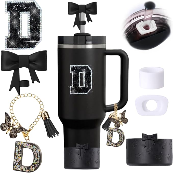 6pcs Black Stanley Cup Accessories Set, Bow Straw Topper for Stanley Cup 30oz 40oz, Including Straw Topper and Bow Silicone Boot, Stoppers Spill Proof, Handle Charm, Initials Sticker