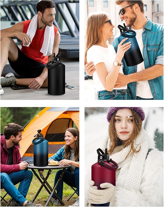1 Gallon Insulated Water Jug with Straw - Auto Chug Lid, Bottle Carrier Bag, Paracord Handle, 128oz Stainless Steel Water Bottle Keep Hot 24H & Cold 48, Large Canteen Waters Bottles for Sports Work