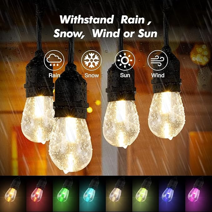 Auroraworld 96FT Solar RGB Outdoor String Lights, Dimmable Waterproof LED Patio Lights with Remote, 30 Shatterproof Bulbs for Garden Party Decor