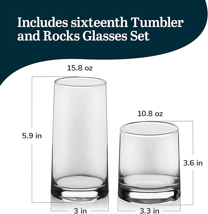 Libbey Cabos 16-Piece Rocks and Tumbler Glasses Set, Angled Glass Cups Set for Water, Juices, and More, Dishwasher-Safe Modern Glassware