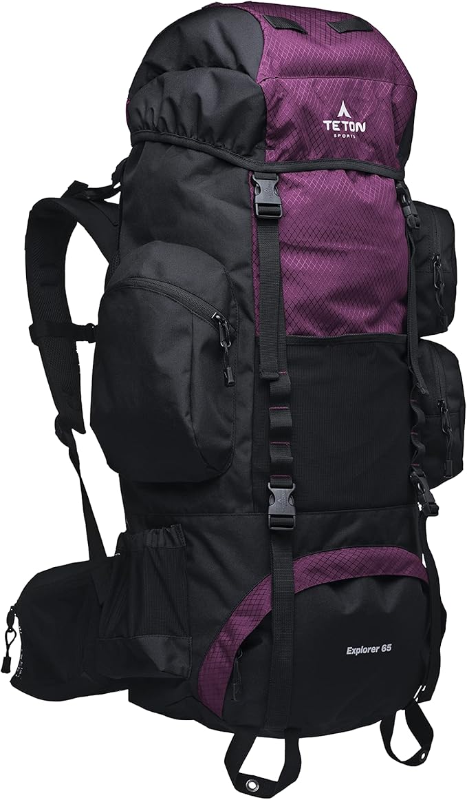 Teton 65L Explorer Internal Frame Backpack for Hiking, Camping, Backpacking, Rain Cover Included, Huckleberry
