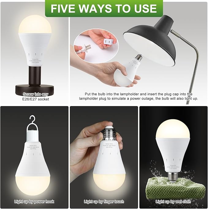 DEBAOBULB 6 Pack Rechargeable Emergency Light Bulbs, Battery Powered LED Light Bulb 3000K Warm E26 120 Volt 9W 60W Equivalent with 1200mAh for Home Power Outage Camping Hurricane