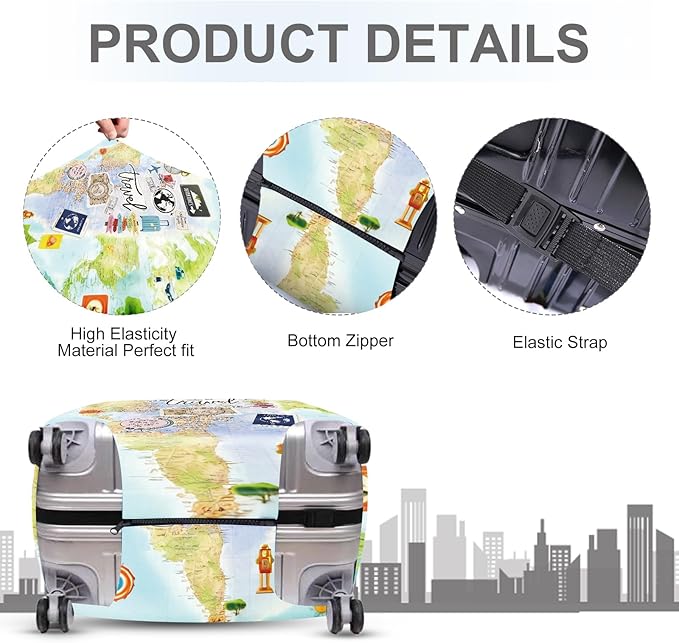ANNA QUEEN Travel Collage Luggage Cover, World Map & Sticker Style Suitcase Protector for 28-30 Inch Travel Bags