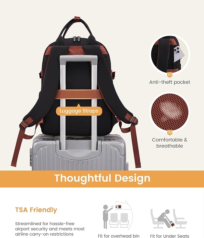LOVEVOOK Laptop Backpack for Women - Stylish Work Backpack with Large Cup Holder, Waterproof College Teacher Backpack, Beige-Brown, 18Inch