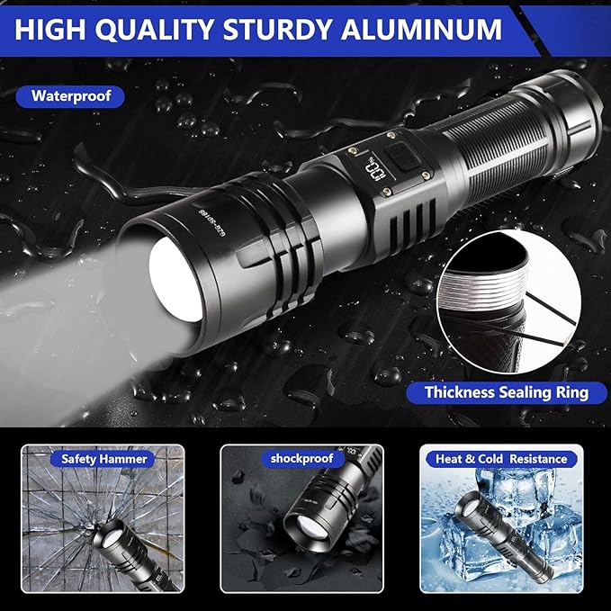 Rechargeable LED Flashlights 10000.00 High Lumens,𝟐𝟎𝟐𝟔 𝐍𝐞𝐰 High Powered Waterproof Tactical Flashlight Spotlight Flashlight for Home, Bright Flashlight Black for Outdoor Camping Emergency