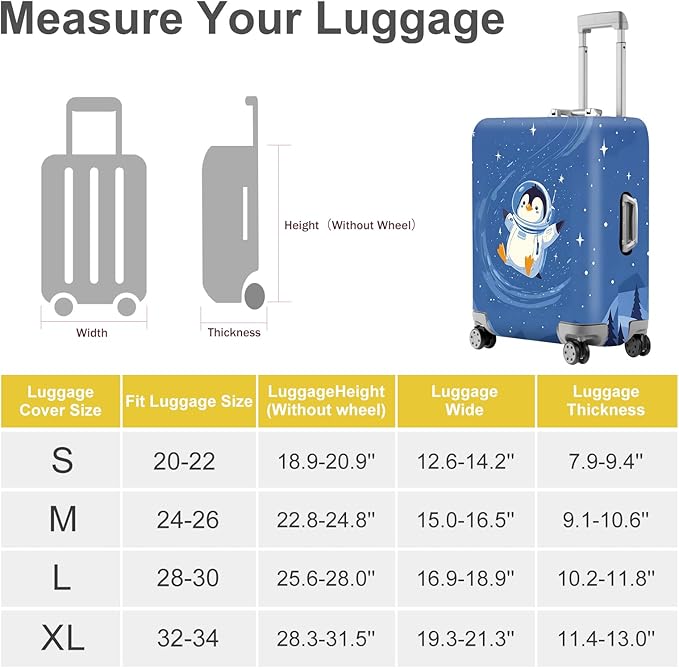 ANNA QUEEN Astronaut Penguin Luggage Cover, Cute Space Penguin Design Suitcase Protector, Washable Stretchable Travel Sleeve for 32-34 Inch Luggage