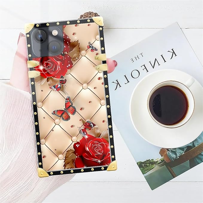 Compatible with iPhone 13 Case, Shining Red Rose Butterfly Leather Background Luxury Golden Decoration for Girl Women Soft TPU Shockproof Protective Hard PC Back for iPhone 13