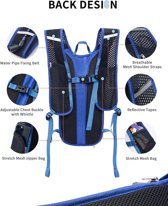 Blue Quartz Hydration Backpack with 2L Water Bladder, Hiking Water Backpack for Women Men, Lightweight Cycling Daypack with Phone Pocket & Helmet Net Bag, Hydration Pack for Biking, Running, Skiing
