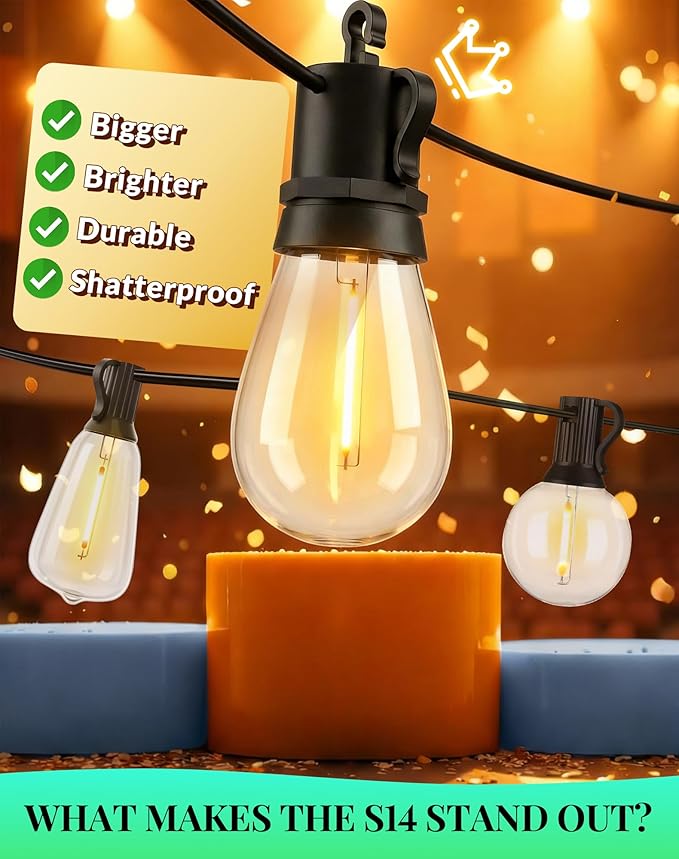 Outdoor String Lights LED Patio-Light - 100Ft Outside Waterproof Dimmable Porch Lights with Remote Shatterproof S14 Bulbs Outside Hanging Light Connectable Lighting for Gazebo Backyard Bistro Pergola