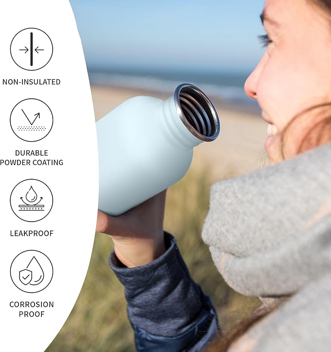 Bambaw 1 Litre Stainless Steel Water Bottle, Light Blue Water Bottle, BPA-Free Non-Insulated Sports Bottle, 1 Litre Stainless Steel Bottle – Polar Blue