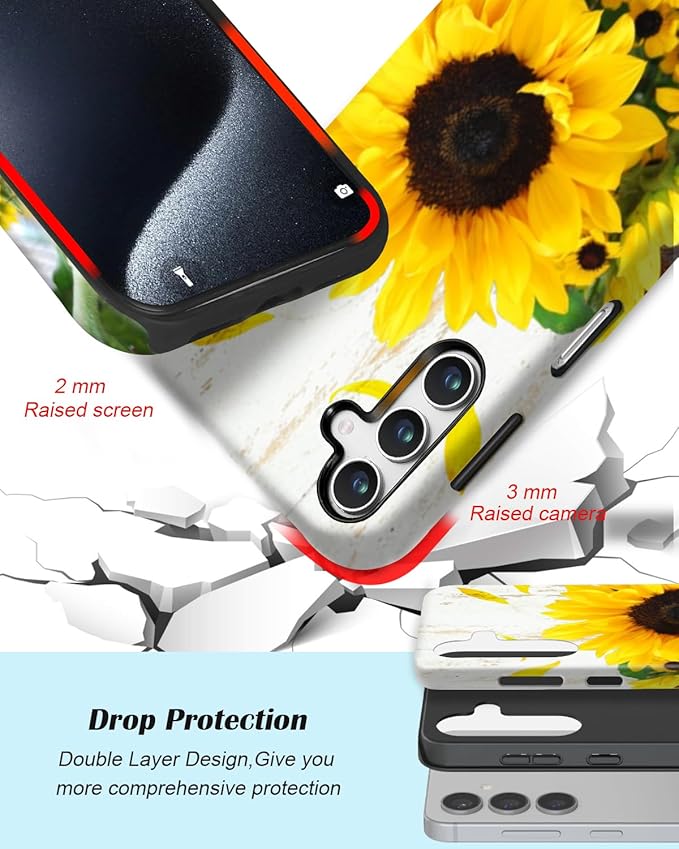 Compatible for Samsung Galaxy A36 5G Case, Dual Layer Heavy Duty 2 in 1 Shockproof Protective Phone Case,Wood Grain Sunflowers