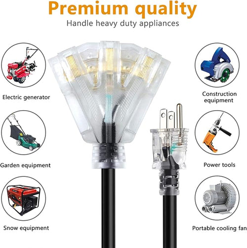 10FT 12/3 Extension Cord Heavy Duty Black 3-Outlet Indoor/Outdoor SJTW Lighted 12-Gauge Grounded Power Cable,12AWG 15 Amp, 1875 Watts，UL Listed，Safety