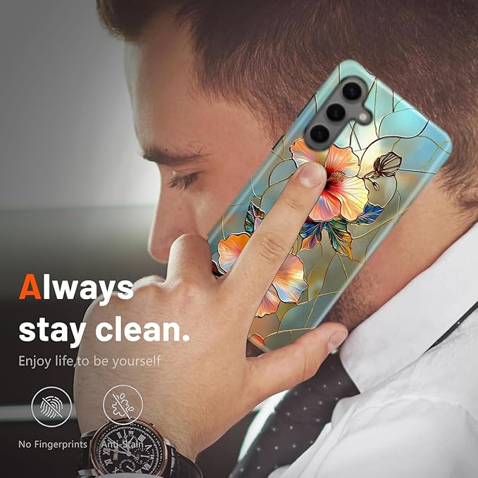 Compatible for Samsung Galaxy A37 5G Case, Dual Layer Heavy Duty 2 in 1 Shockproof Protective Phone Case,Stained Glass Floral Hibiscus