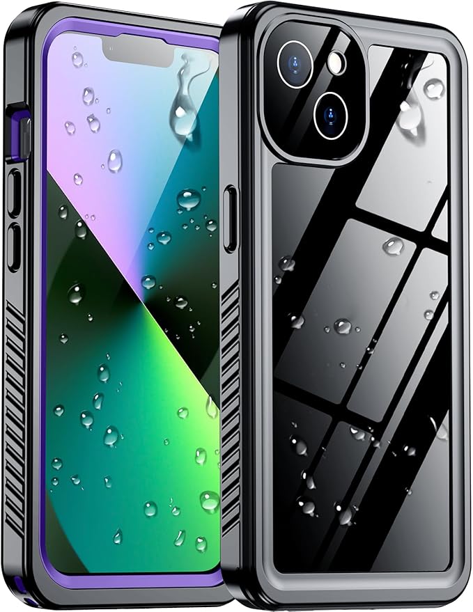 Temdan Compatible with iPhone 13 Case Waterproof, Built-in Screen & Camera Protector IP68 Underwater Full Body 13FT Military Dropproof Shockproof Phone Case 6.1"-Purple/Clear
