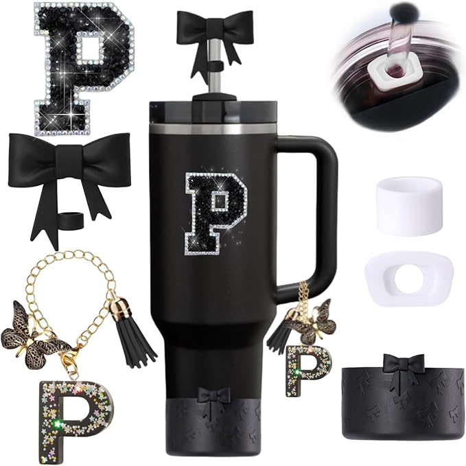 6pcs Black Stanley Cup Accessories Set, Bow Straw Topper for Stanley Cup 30oz 40oz, Including Straw Topper and Bow Silicone Boot, Stoppers Spill Proof, Handle Charm, Initials Sticker