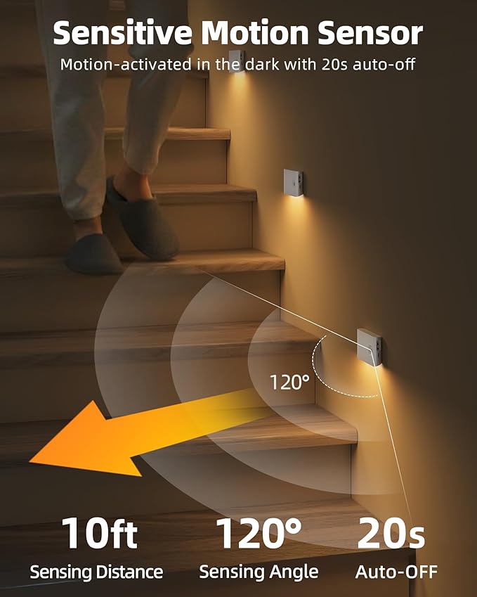 EZVALO Motion Sensor Stair Lights Indoor, Rechargeable Night Lights with Magnetic & Dimmable, Auto On/Off 3000K Soft White, Stick-On for Stairs, Hallway, Bathroom (4 Pack)