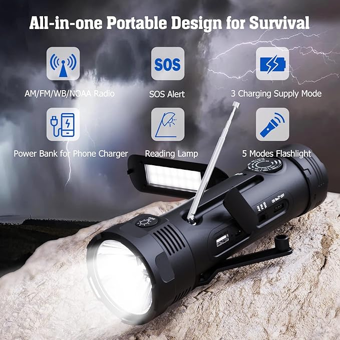 PPLEE Emergency Weather Radio NOAA Certified, Hand Crank Solar Flashlight Radio with Cell Phone Charger, Portable AM FM Battery Powered Radio, Reading Lamp, SOS Alarm for Hurricane Camping Survival