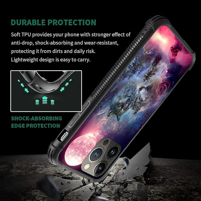 for iPhone 13 Pro Max Case, Star Two Wolfs Howling Pattern Graphic Design Girl Boy Soft Silicone Hard Acrylic Shock Protection for iPhone 13 Pro Max