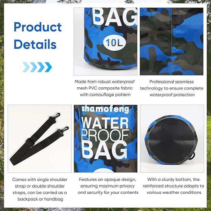 Waterproof Dry Bag 5L/10L/15L/20L/30L Roll Top Dry Storage Backpack with Phone Case, Collapsible Water Bottle, Sunglasses, Ear Band for Kayaking Boating Swimming Fishing Camping,Blue 20L