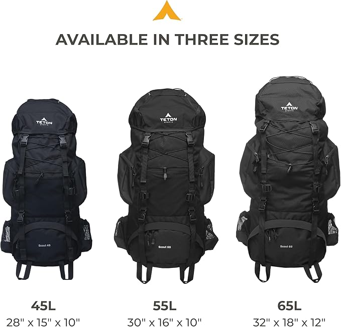 Teton 65L Scout Internal Frame Backpack for Hiking, Camping, Backpacking, Travel, Rain Cover Included, Black