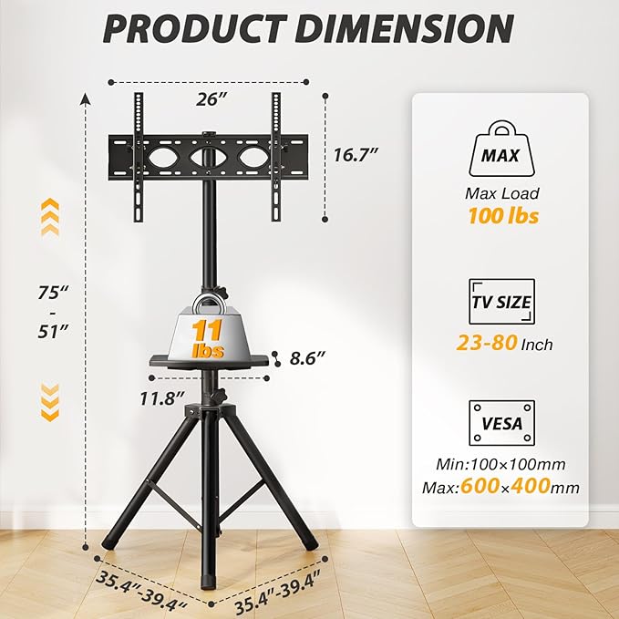 TVON TV Tripod Stand with Shelf for 23-80 inch LED LCD Flat Screen/Curved TVs, Portable TV Stand with ±15° Tilt and Height Adjustment Holds up to 100lbs, Outdoor TV Mount Max VESA 600x400m