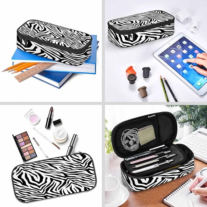 Black White Stripes Pencil Case Organizer Zebra Animal Skin Artwork Texture Stationery Box Makeup Box School Supply for Boy Girl Men Women