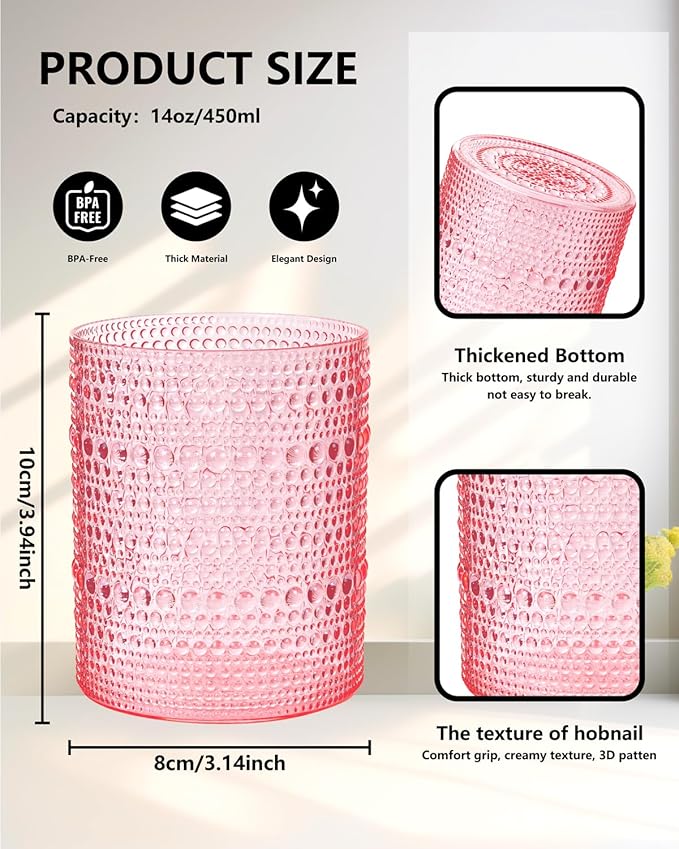 YOUBET 24PCS Plastic Drinking Glasses - 14OZ Pink Hobnail Drinkware Glasses - Vintage Glassware Textured Beaded Cups for Water, Beer, Whiskey, Juice and Various Mixed Drinks Mothers Day