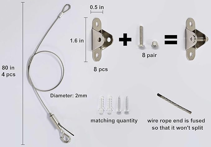 4 Sets Adjustable Hanging Wire Kit, Stainless Steel Multipurpose Suspension Wire Cable with Hook, Heavy Duty Anchor for Furniture, Light, Lamp, Picture, Mirror Secure to Wall or Ceiling, 80in