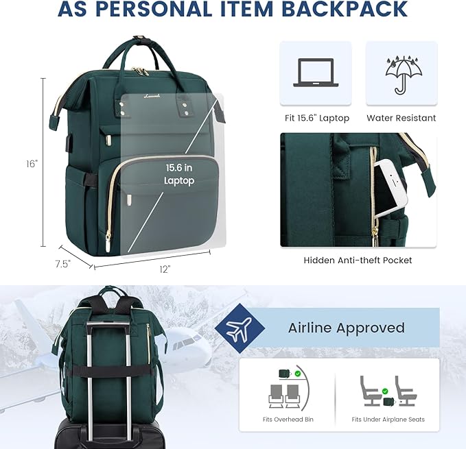 LOVEVOOK College Laptop Backpack, 15.6 Inch Travel Backpack for College, Waterproof Work Backpack Woman for Teacher Nurse Anti-theft Travel Back Pack, Gifts for Women,Dark Green