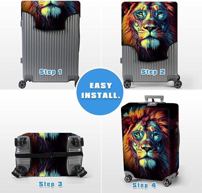 Luggage Cover Protector for 22-24 Inch Suitcases, TSA Approved Elastic Travel Suitcase Covers, Anti-Scratch Washable Luggage Sleeve for Carry On & Checked Bags, Lion With Glasses
