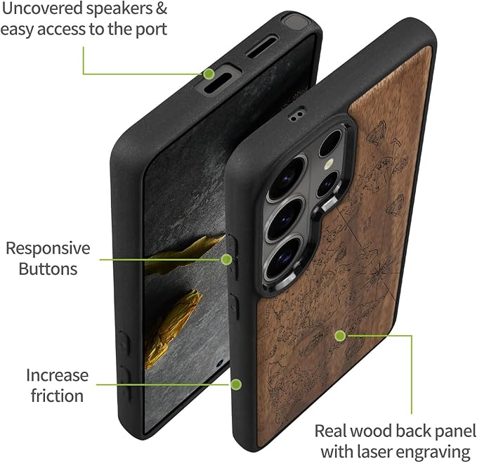 Carveit Magnetic Wooden Case for Samsung Galaxy S26 Ultra Case 2026, TPU Shockproof Cover & Wood Artisan Engraved, Compatible with MagSafe Wireless Chargers (World Map) Walnut