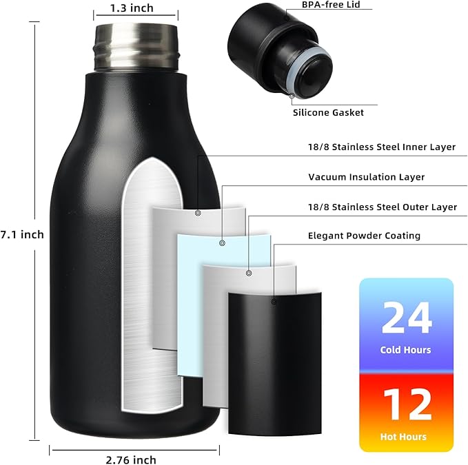 BJPKPK Insulated Water Bottles, 12oz Stainless Steel Metal Water Bottle with Strap, BPA Free Leak Proof Jugs, Mugs, Flasks, Reusable Thermal Flasks for Sports & Travel, Black