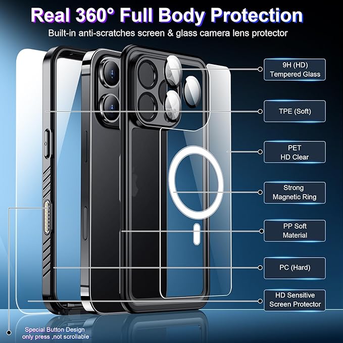 2025 New Designed for iPhone 16 Pro Case Waterproof, [Compatible with MagSafe][Built-in Camera & Screen Protector][Full Body Shockproof][IP68 Waterproof][Dustproof] Phone Case for iPhone 16 Pro 6.3"