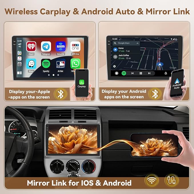 [4+64G] Android 15 Car Stereo for Jeep Compass Patriot 2007 2008 2009, Hikity 10'' in-Cell Touchscreen Radio Wireless Carplay Android Auto 5G WiFi/1280 * 720P/Bluetooth/GPS SWC FM/RDS/EQ Backup Cam