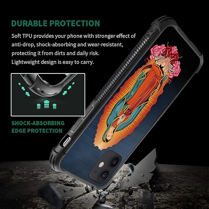 for iPhone 12 Mini Case, Red Virgen Guadalupe Pattern Made of Soft Silicone Hard Acrylic Shock Protection for iPhone 12 Mini