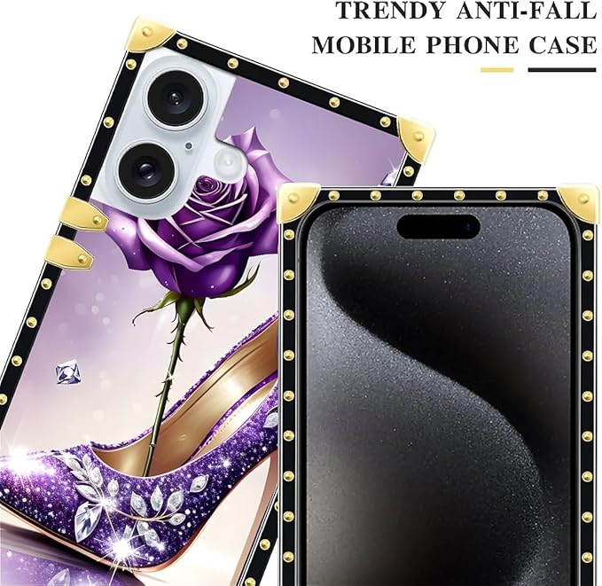 Compatible with iPhone 16 Plus Case, High Heeled Purple Diamond Rose Luxury Golden Decoration for Girl Women Soft TPU Shockproof Protective Hard PC Back for iPhone 16 Plus